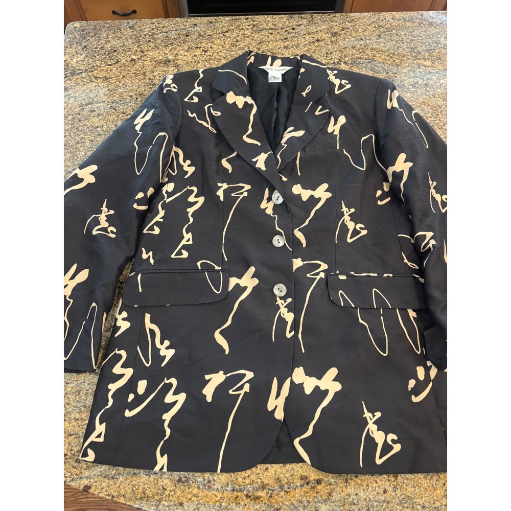 Black Blazer with Cream Abstract Scribble Print